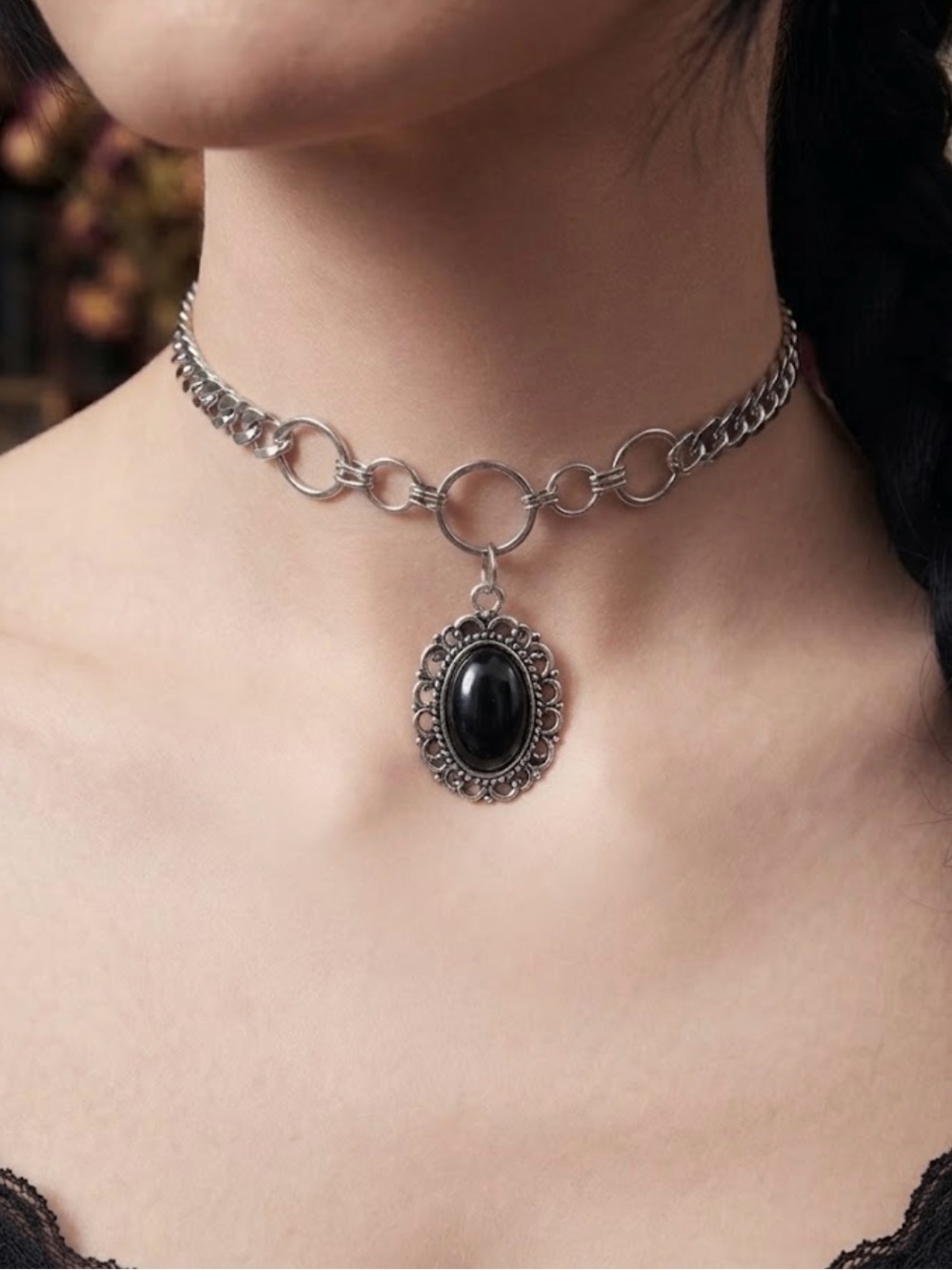 Hand Crafted Silver Gothic Black Stone Choker Necklace